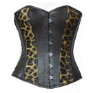 Leopard Print & Brown Faux Leather Gothic Steampunk Bustier Overbust Corset Top