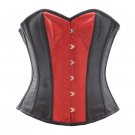 Black Leather & Red PVC Goth Steampunk Bustier Waist Trainer Overbust Corset Top