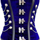 Blue Velvet Black Leather Strips Goth Steampunk Waist Shaper Overbust Corset Top