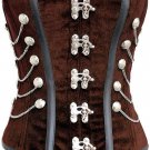 Brown Velvet & Black Leather Strips Steampunk Waist Training Overbust Corset Top