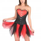 Red Black Satin Burlesque Waist Trainer Bustier Net Skirt Overbust Corset Dress