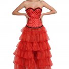 Red Satin Handmade Sequins Gothic Frill Tissue LONG Skirt Overbust Corset Dress