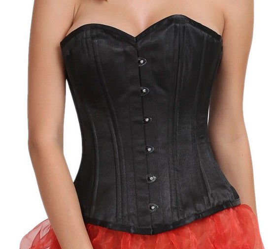 Black Satin Double Bone Goth Burlesque Waist Trainer Bustier Overbust Corset Top