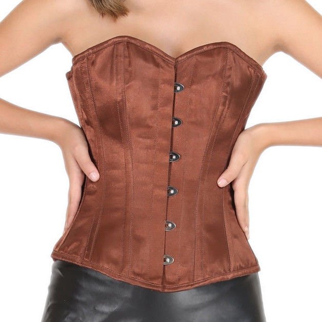 Brown Satin Burlesque Gothic Steampunk Waist Cincher Bustier Overbust Corset Top