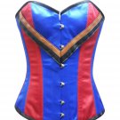 Red Blue Satin V Leather Straps Gothic Steampunk Waist Training Overbust Corset