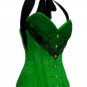 Green Satin Net Lacing Burlesque Bustier Waist Training LONG Overbust Corset Top