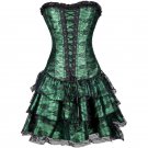 Green Satin Black Net Lace Design Burlesque Costume Overbust Corset