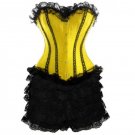 Yellow Satin Black Frill Tutu Skirt Burlesque Bustier Overbust Prom Corset Dress