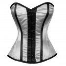 White Satin Black Stripes Gothic Burlesque Bustier Waist Shaper Overbust Corset