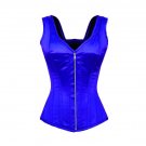 Blue Satin Shoulder Straps Zipper Goth Basque Waist Cincher Overbust Corset
