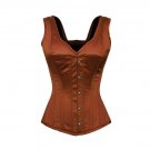 Brown Satin Shoulder Strap Gothic Basque Bustier Waist Cincher Overbust Corset
