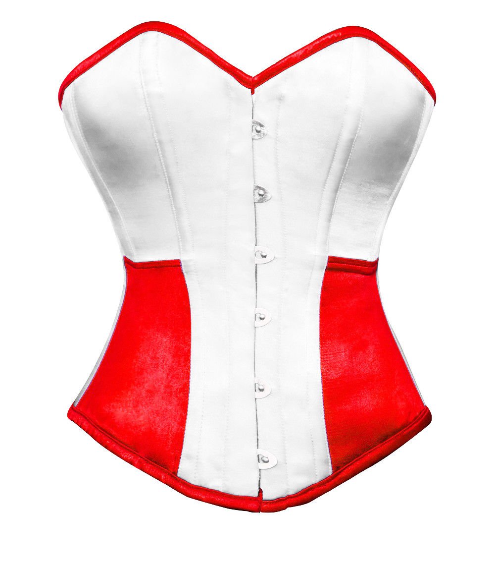 White & Red Satin Gothic Burlesque Waist Training Bustier Overbust Corset