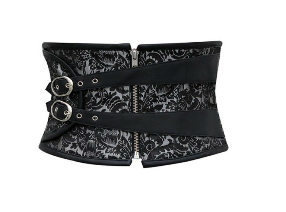 Black Silver Brocade Leather Belt Halloween Waist Trainer Underbust Corset