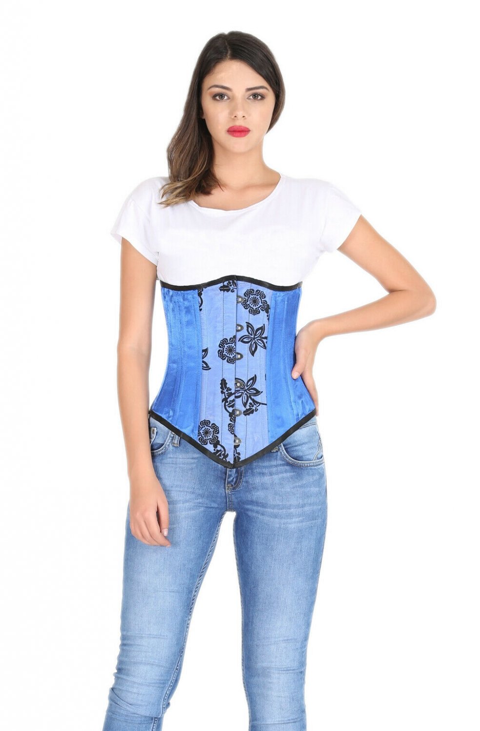 Blue Satin Corset Tissue Flocking Goth Halloween Costume LONG Underbust Corset