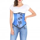 Blue Satin Corset Tissue Flocking Goth Halloween Costume LONG Underbust Corset