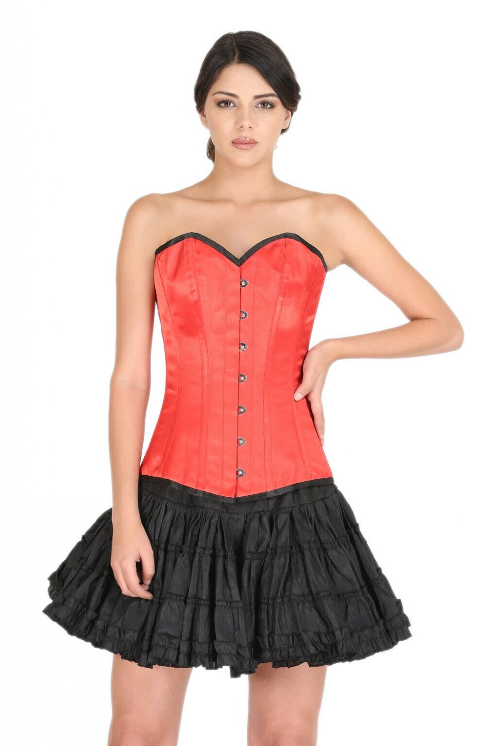 Red Satin Black Piping Goth Halloween Costume Burlesque LONG Overbust Corset