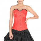 Red Satin Black Piping Goth Halloween Costume Burlesque LONG Overbust Corset