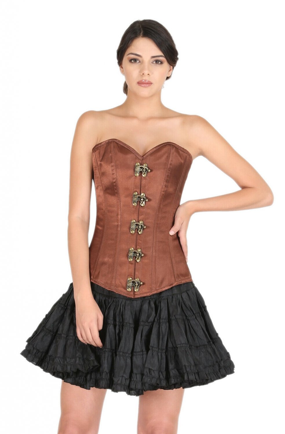 Brown Satin Front Seal Lock Goth Halloween Costume Burlesque LONG Overbust Top