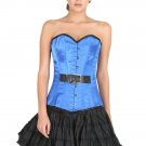 Blue Satin Black Leather Belt Goth Halloween Costume Burlesque LONG Overbust Top