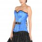 Blue Satin Black Leather Belt Goth Halloween Costume Burlesque LONG Overbust Top