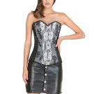 Black Satin White Lace Goth Halloween Costume LONG Overbust Bustier Corset Top