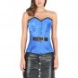 Blue Satin Black Leather Belt Goth Halloween Costume LONGLINE Overbust Corset