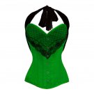Green Satin Net Lacing Halloween Burlesque Waist Training LONG Overbust Corset