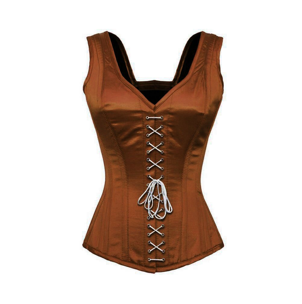 Brown Satin Shoulder Straps White Lace Opening Halloween Costume Corset Top