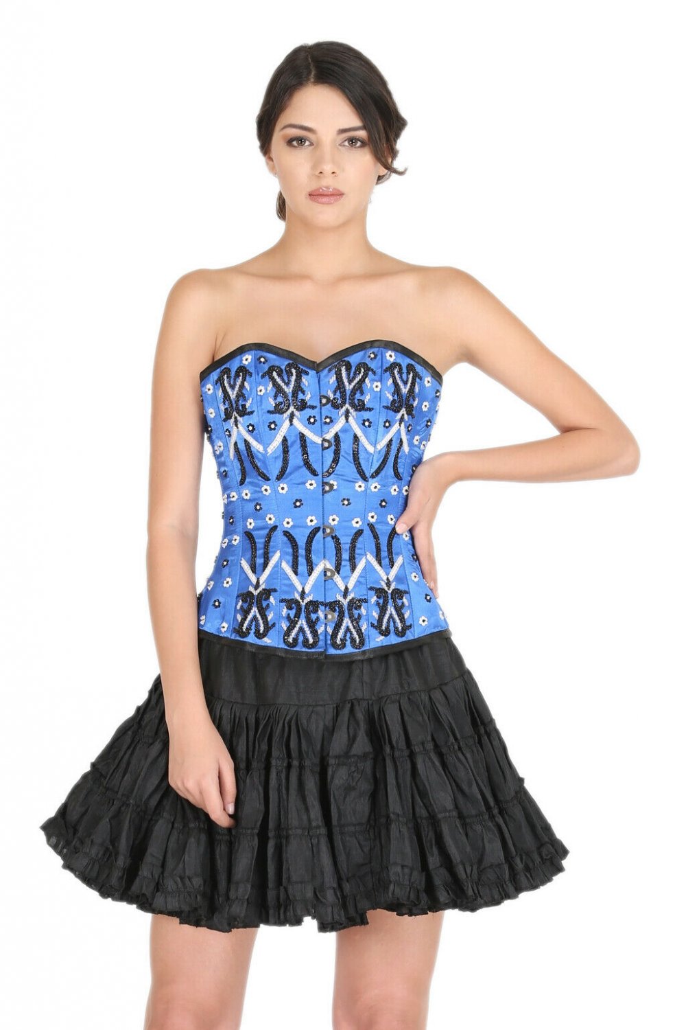 Blue Satin Handmade Sequins Goth Halloween Costume Burlesque Overbust Corset