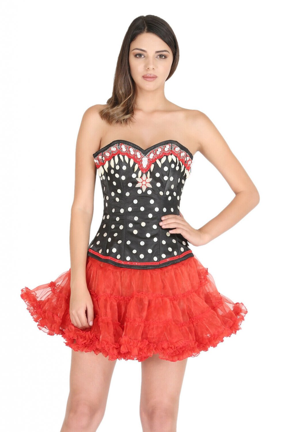 Black Satin Sequin Polka Dot Goth Halloween Costume Bustier Overbust Corset Top