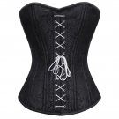 Black Brocade Spiral Steel Boned Halloween Costume White Lace Front Opening Top