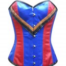 Red Blue Satin V Leather Strap Halloween Steampunk Waist Trainer Overbust Corset
