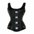 Black Floral Print Leather Shoulder Straps Halloween Costume Overbust Corset Top