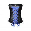 Black Faux Leather Blue Satin Lace Goth Halloween Costume Steampunk Overbust Top