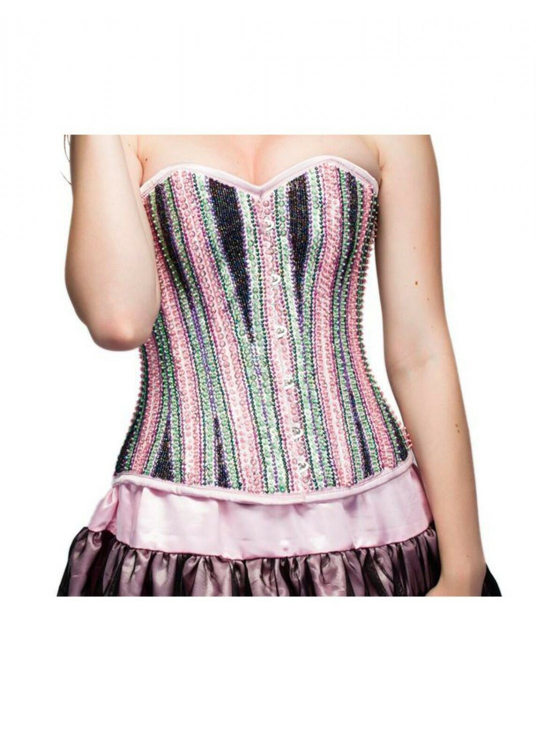 Pink Satin Handmade Sequins Halloween Burlesque Bustier Costume Overbust Corset