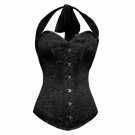 Black Brocade Halter Neck Halloween Costume Burlesque Bustier Overbust Corset