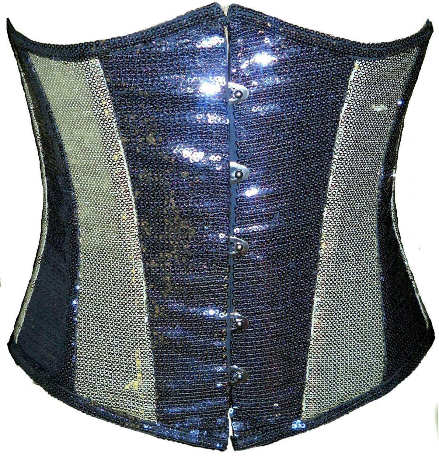 Black Silver Georgette Sequin HalloweenBurlesque Waist Trainer Underbust Corset