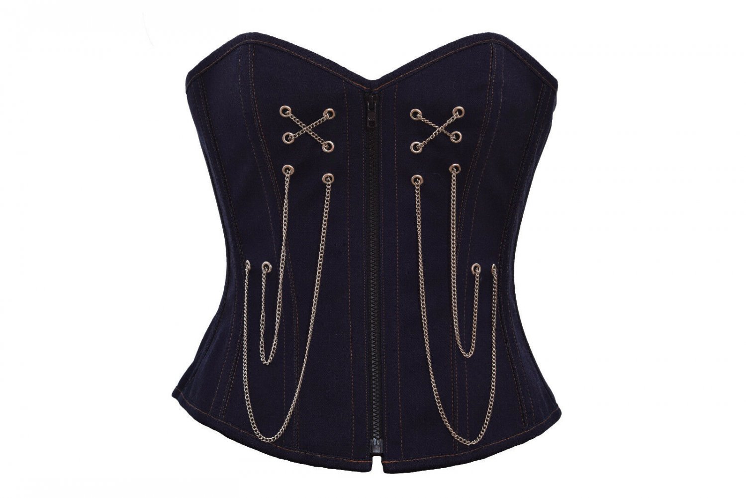 Blue Denim Chains Goth Halloween Costume Steampunk Bustier Overbust Corset Top