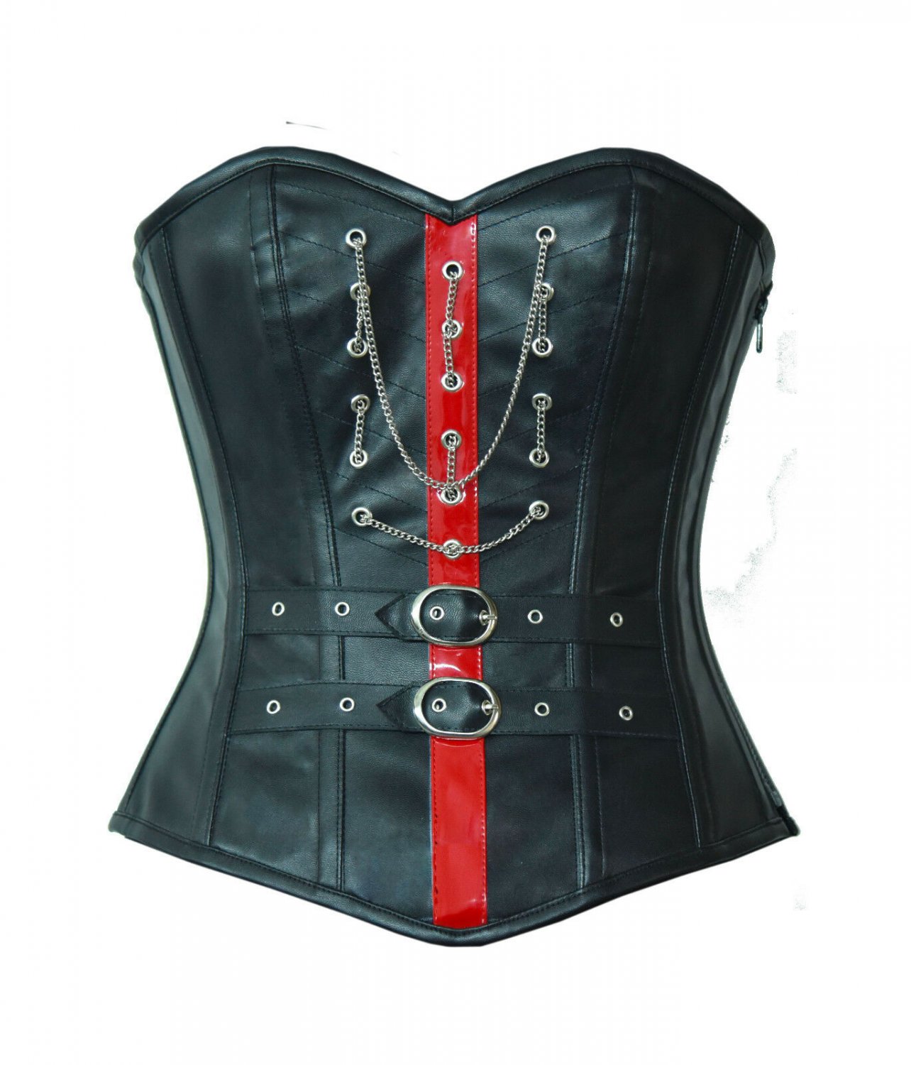 Black Red Leather Goth Halloween Costume Steampunk Bustier Overbust Corset Top