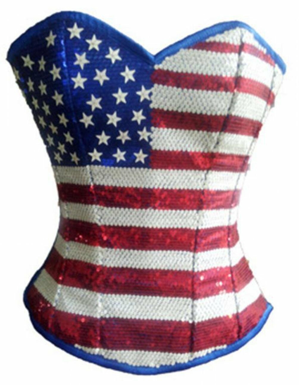 Blue Satin USA Flag Red White Sequins Halloween Waist Trainer Overbust Corset
