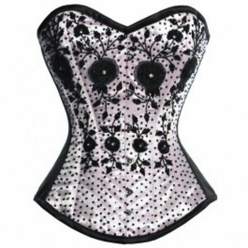 White Satin Black Handmade Sequins Halloween Burlesque Bustier Overbust Corset