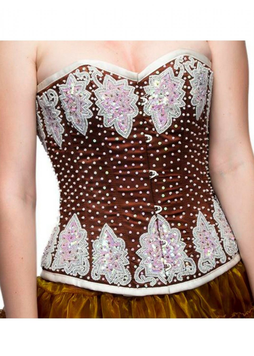 Brown Satin Hand Work Sequins Halloween Waist Cincher Costume Overbust Corset