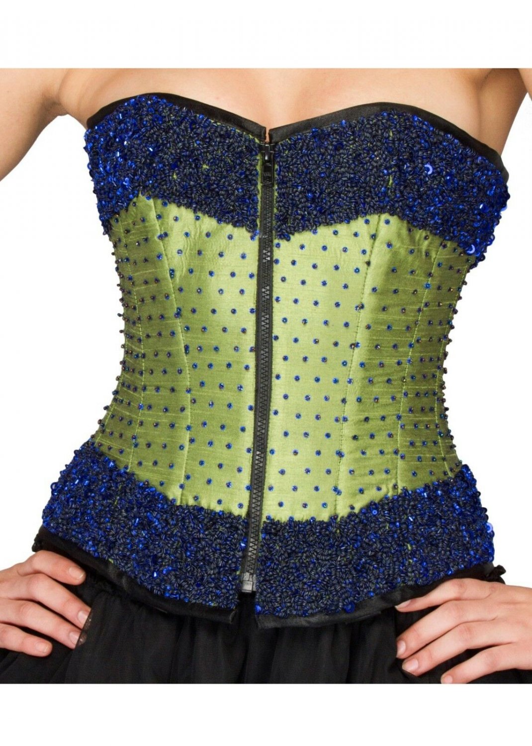 Green Satin Blue Sequins Handwork Halloween Burlesque Bustier Overbust Corset