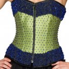 Green Satin Blue Sequins Handwork Halloween Burlesque Bustier Overbust Corset