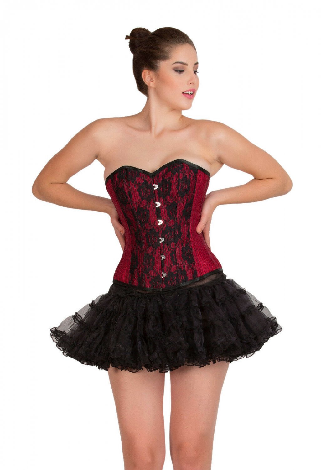 Red Lining Poly Cotton Black Net Halloween Overbust Top Tutu Skirt Corset Dress