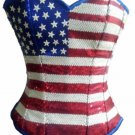 Blue Satin USA Flag Red White Sequins Halloween Burlesque Overbust Corset