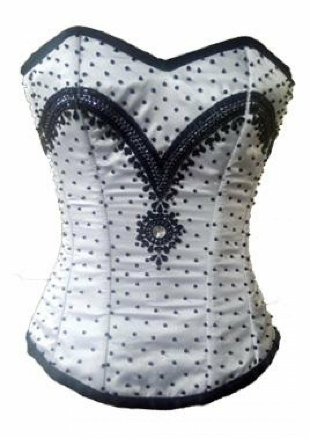 White Satin Black Sequins Halloween Burlesque Waist Trainer Overbust Corset