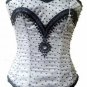 White Satin Black Sequins Halloween Burlesque Waist Trainer Overbust Corset