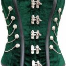 Green Velvet Black Leather Strips Goth Halloween Costume Overbust Corset Top