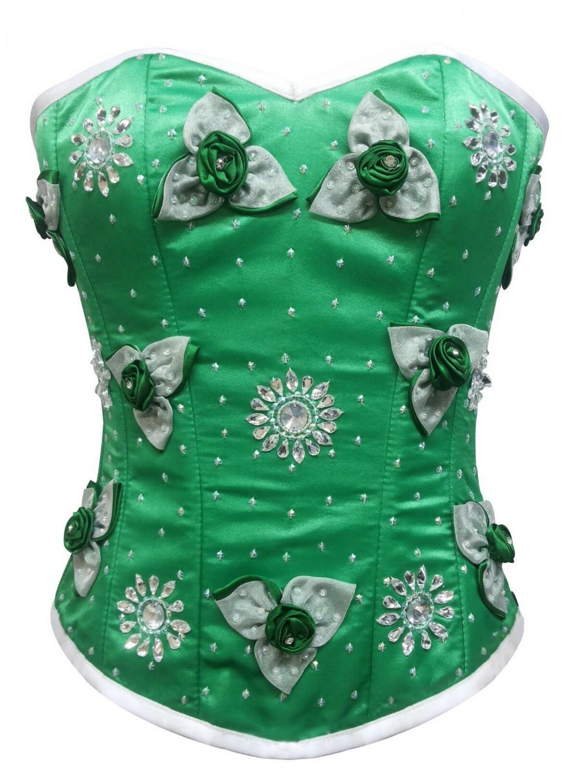 Green Satin Handmade Sequins Halloween Burlesque Waist Training Overbust Corset